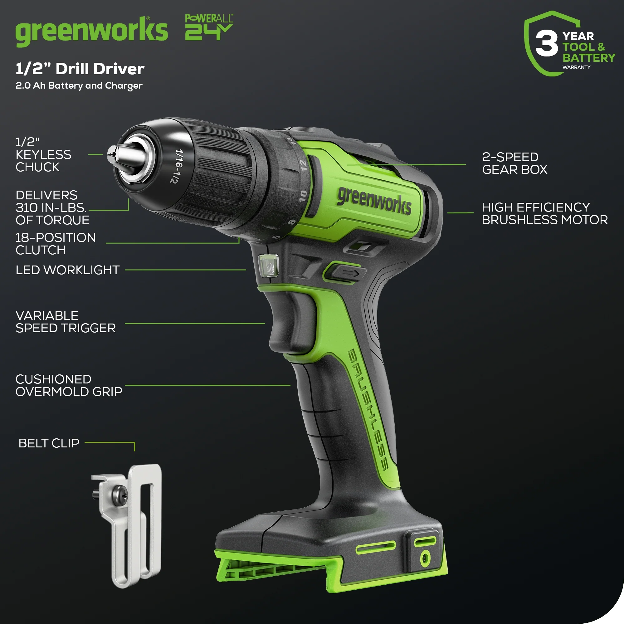 24V Cordless Battery Brushless 1/2 310 in/lbs Drill / Driver w/ (1) 2.0Ah Battery & Charger