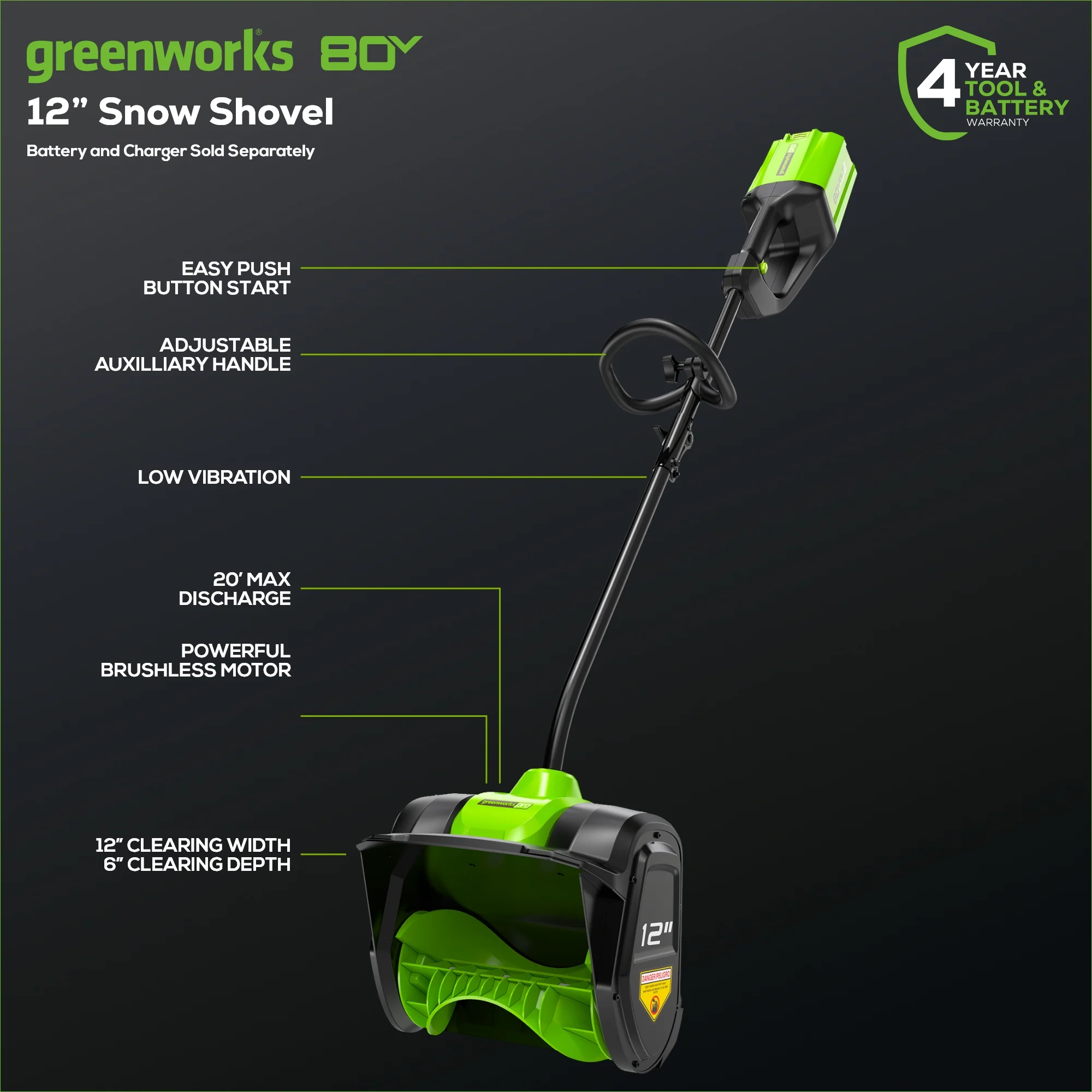80V 12 Cordless Battery Snow Shovel (Tool Only)