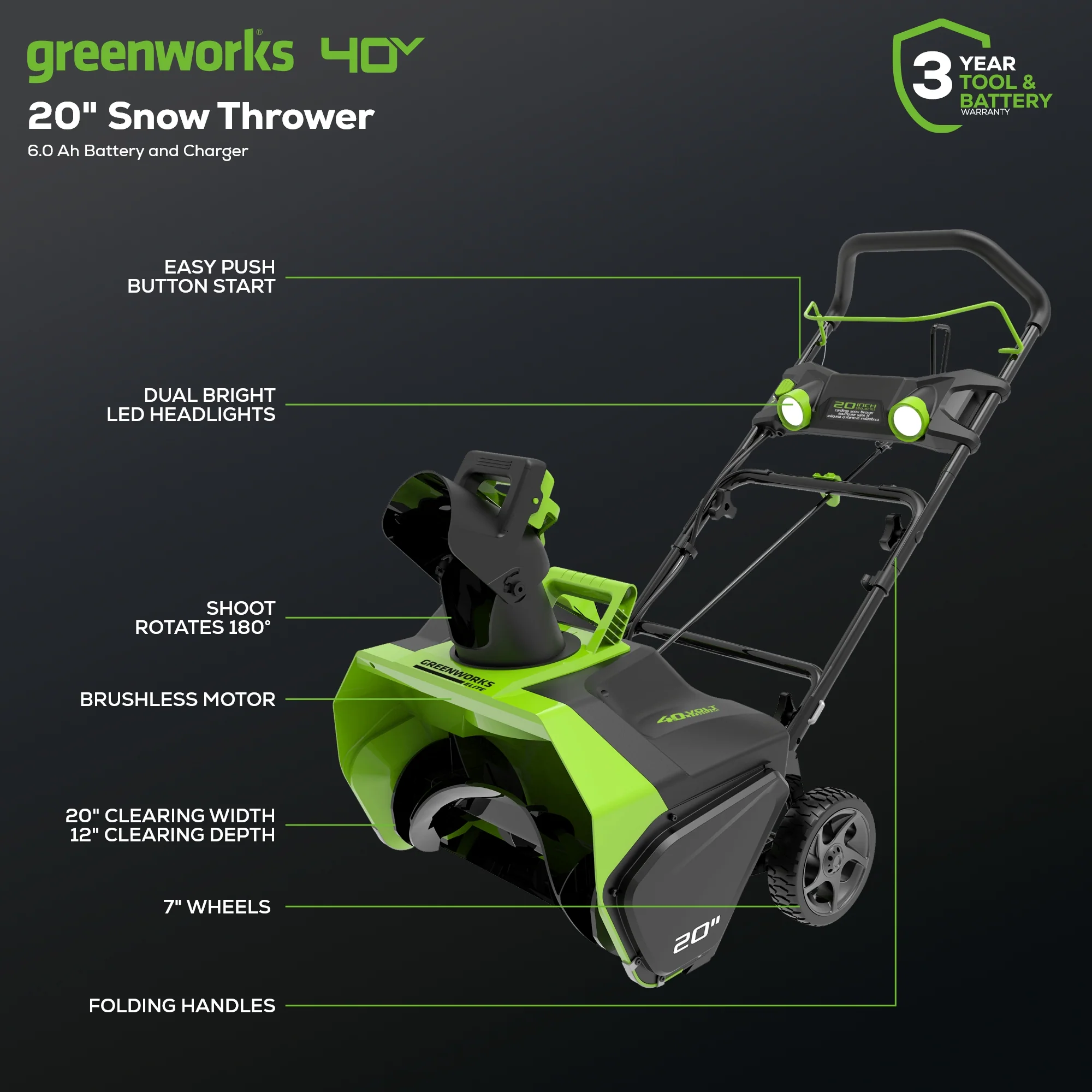 40V 20 Cordless Battery Single-Stage Snow Blower w/ 6.0Ah Battery & Charger