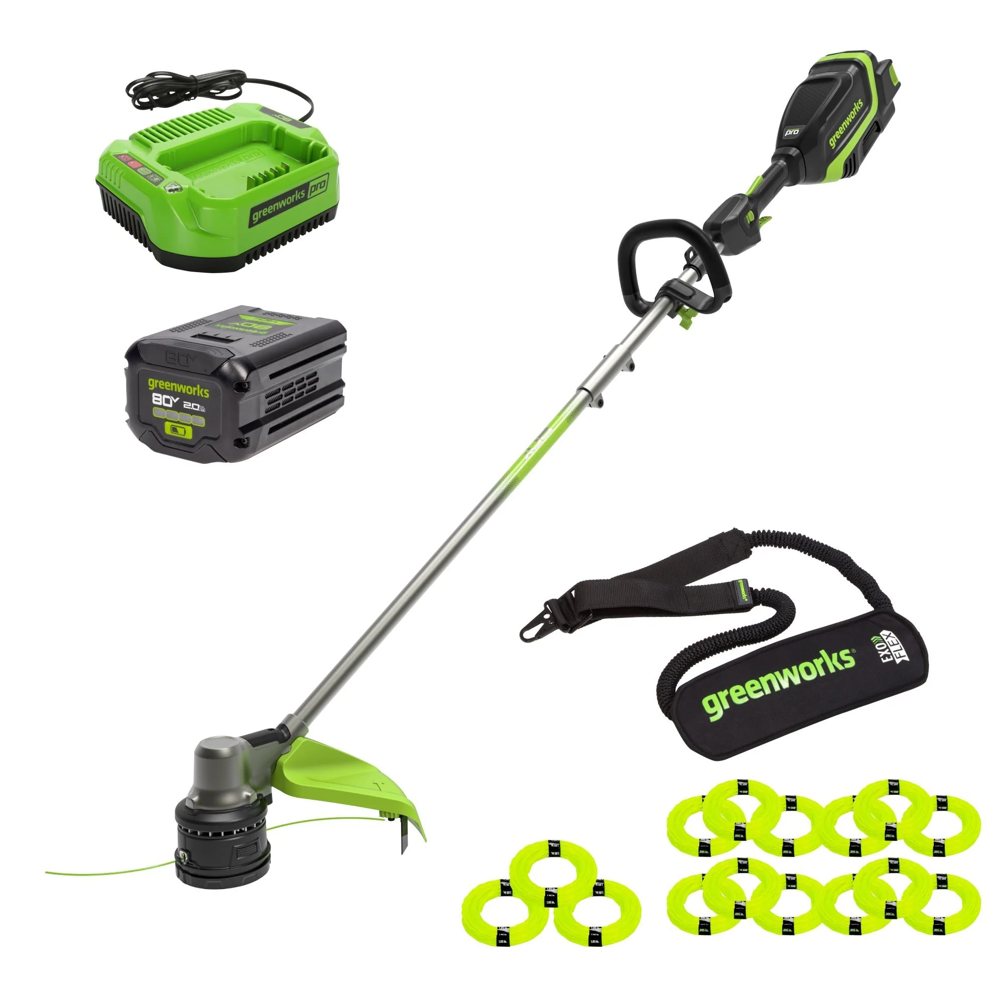 80V 17 Brushless String Trimmer Shoulder Strap, Precut Line included w/ 2.0Ah Battery & Charger