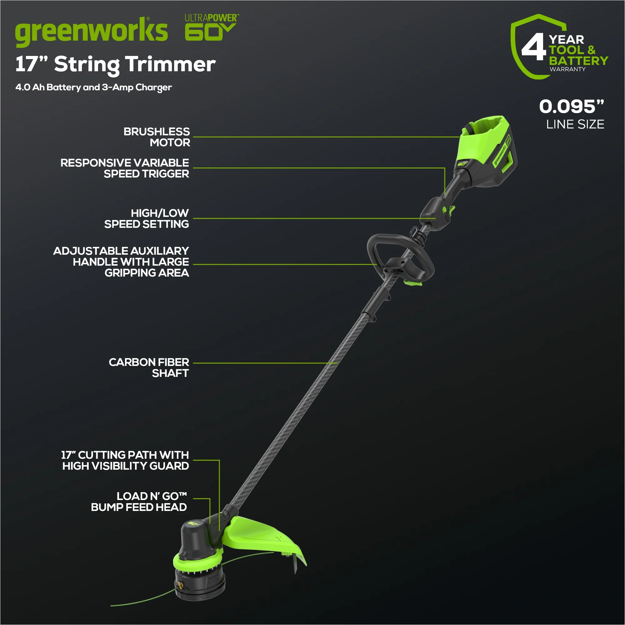 60V 17 Cordless Battery Brushless String Trimmer w/ Carbon Fiber Shaft w/ 4.0Ah Battery & Charger