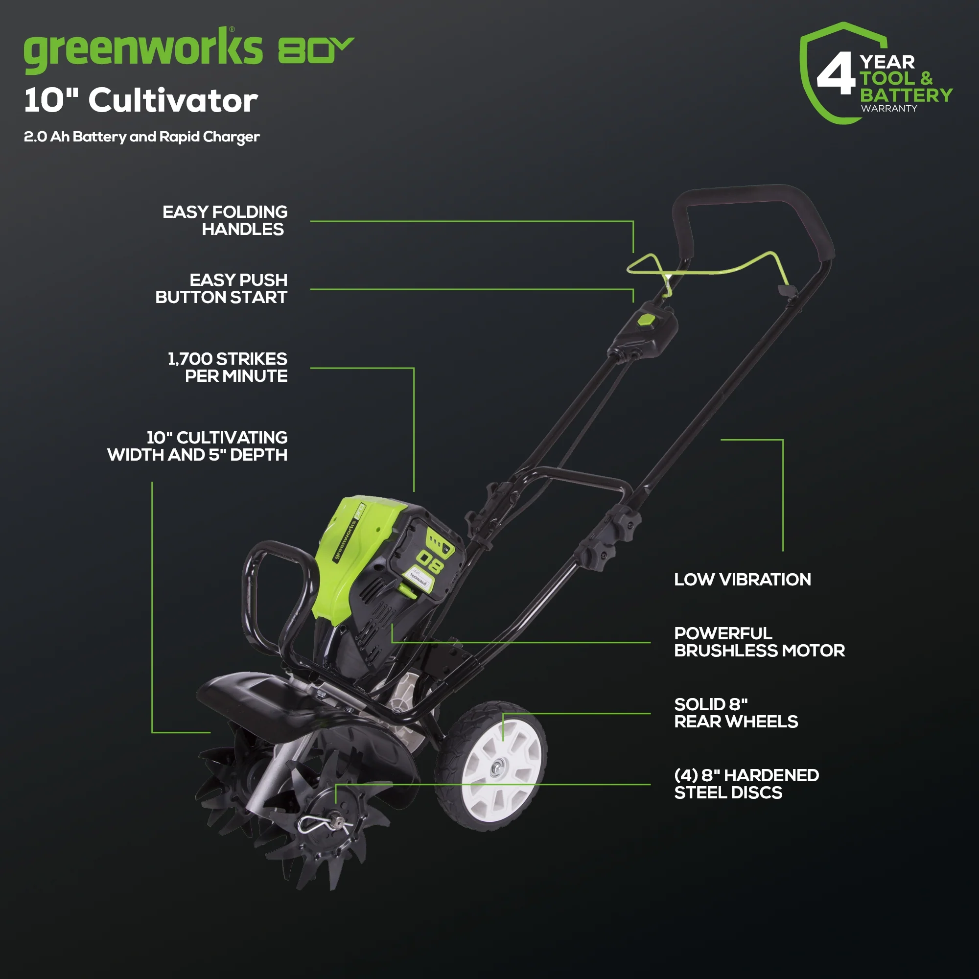 80V 10 Brushless Cultivator / Tiller w/ 2.0Ah Battery & Charger