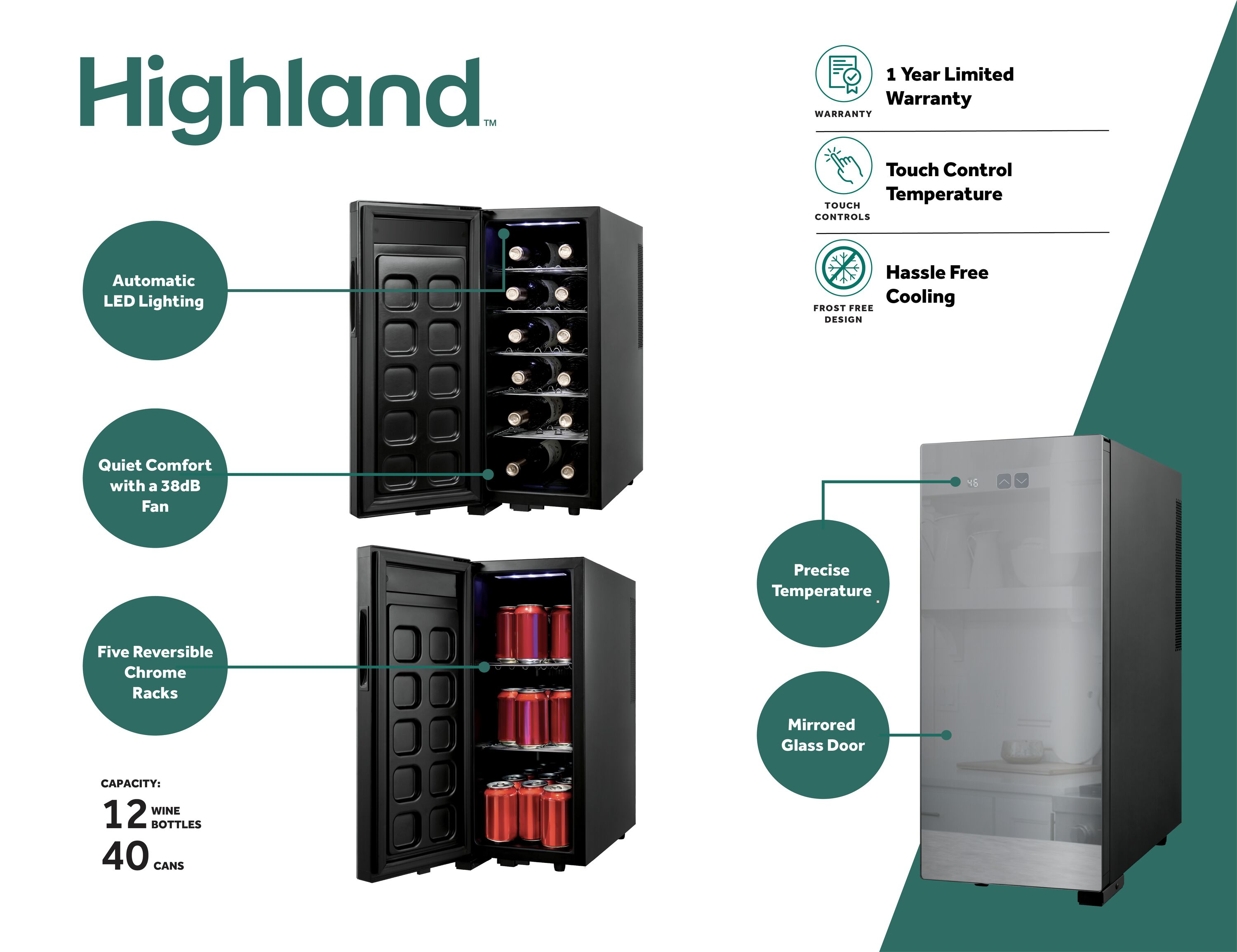 Highland 9.92-in W 12 -Bottles Mirrored Freestanding Indoor Wine Cooler