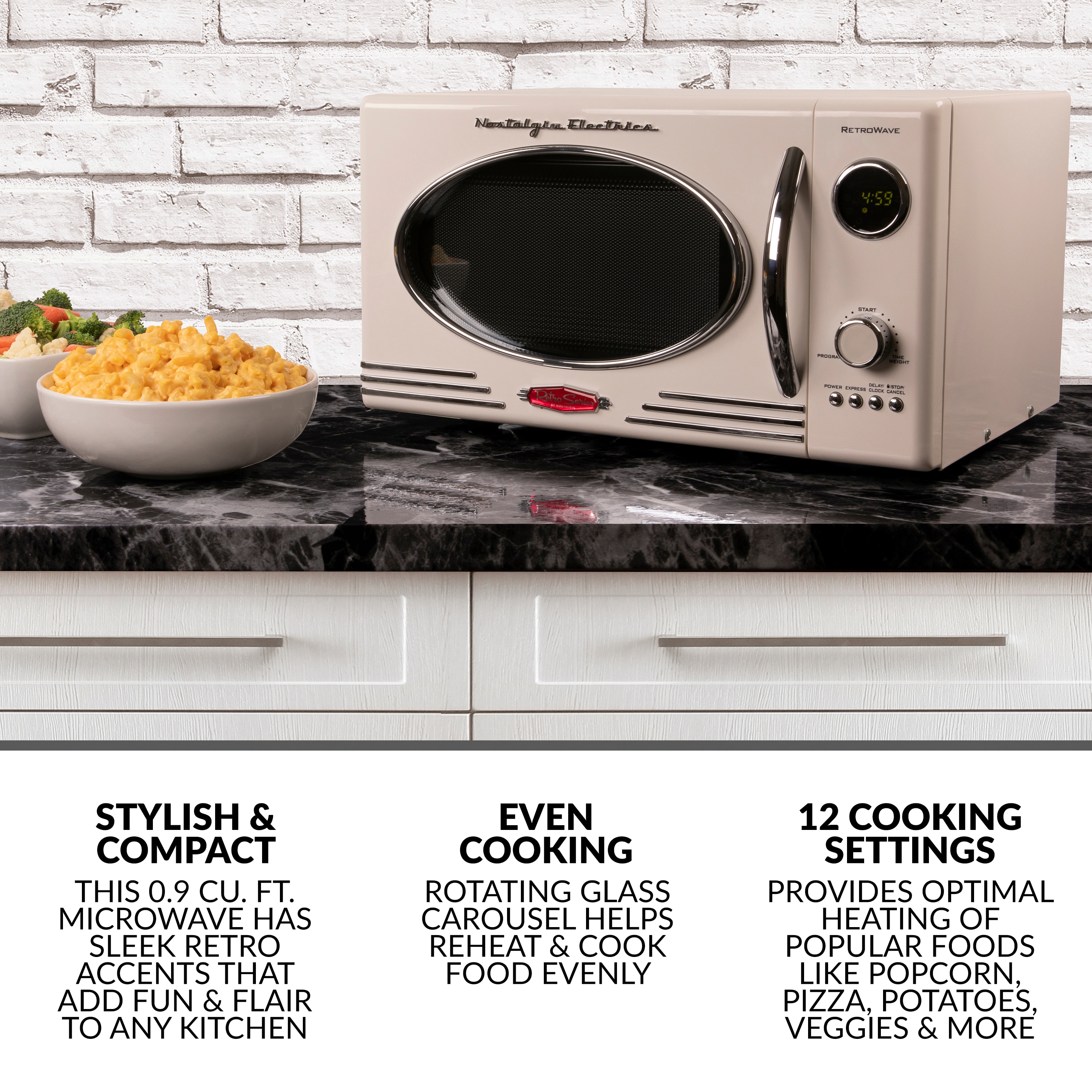Nostalgia 0 9 cu ft 800 Watt Countertop Microwave Ivory