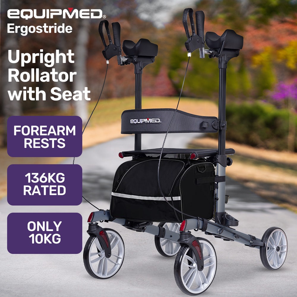 EQUIPMED Upright Rollator Walker with Forearm Rest Supports, Mobilty Aid with Seat, Grey