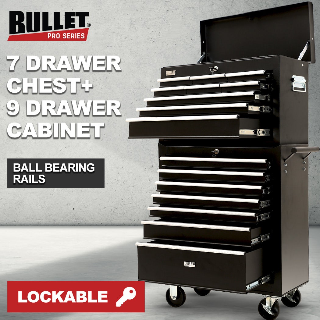 BULLET Pro 16 Drawer Tool Box Cabinet Chest Storage, Toolbox Garage Organiser Set, Black