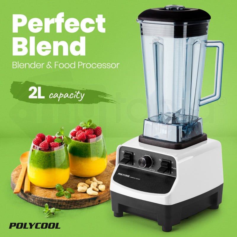 POLYCOOL 2L 2200W Commercial-Grade Blender with BPA-Free Jug for Drink, Smoothie, Food, Ice, White