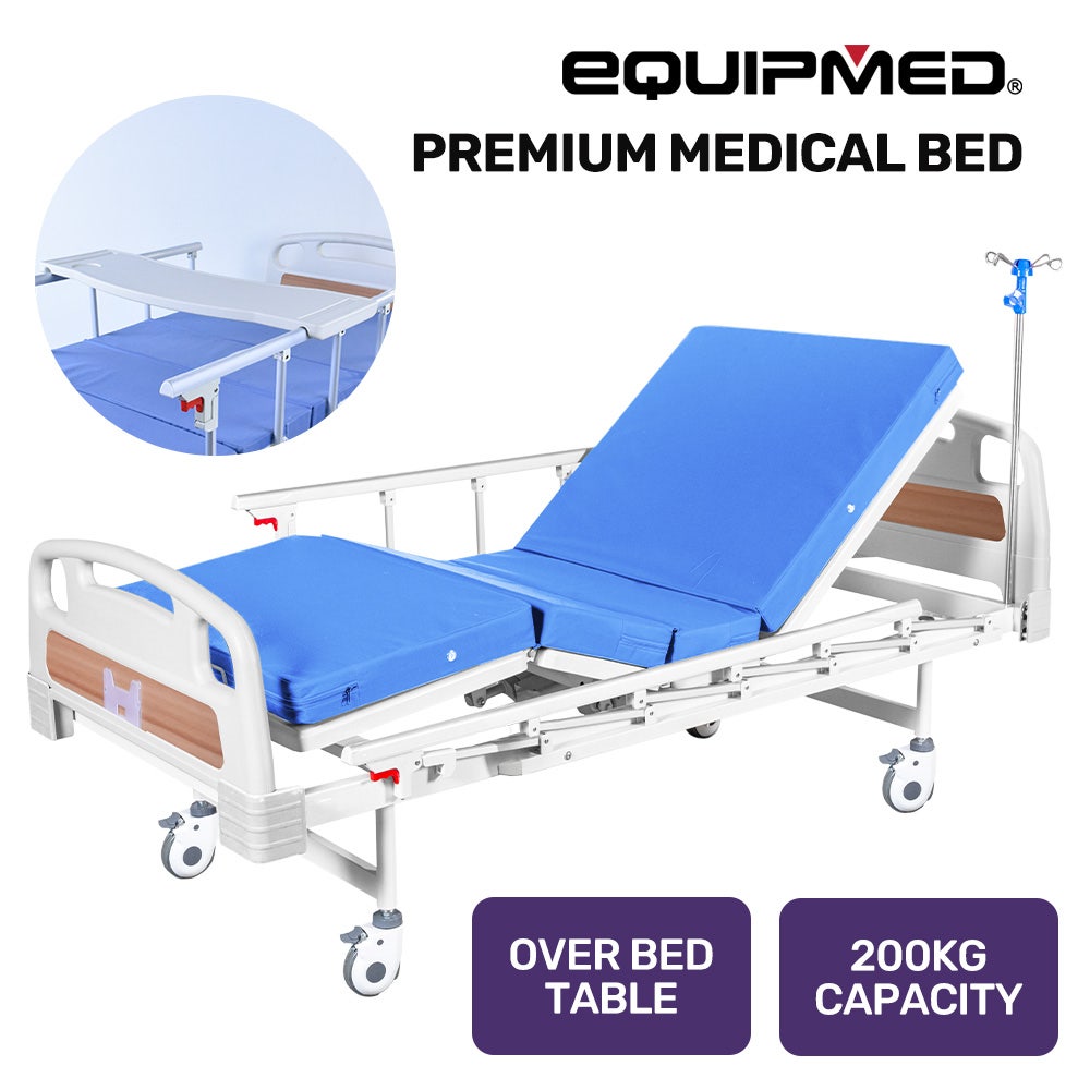 EQUIPMED Medical Bed, w/ Mattress & Over Bed Table, Easy Manual Back and Leg Incline Adjustable, IV Pole, Home Aged Care or ICU Hospital