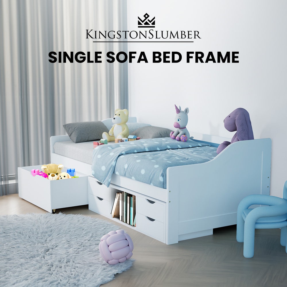 KINGSTON SLUMBER Wooden Single Sofa Bed Frame with Storage Drawers - White