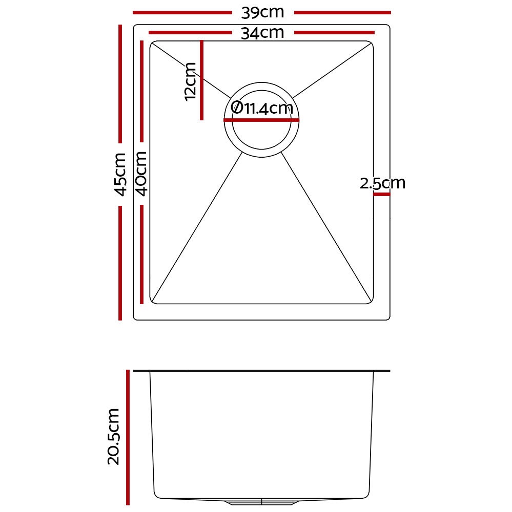 Cefito 39cm x 45cm Stainless Steel Kitchen Sink Under/Top/Flush Mount Silver