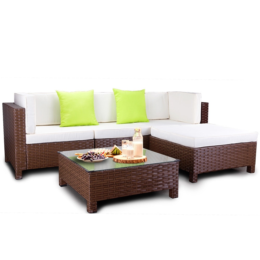 LONDON RATTAN Modular Sofa Outdoor Lounge Set 5pc Wicker Brown Cream