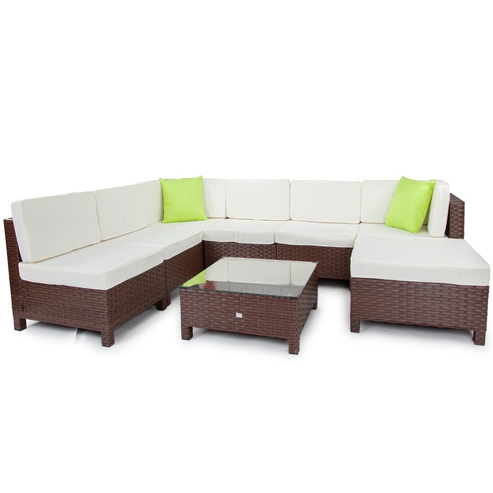 LONDON RATTAN Modular Sofa Outdoor Lounge Furniture 8pc Wicker Brown Cream