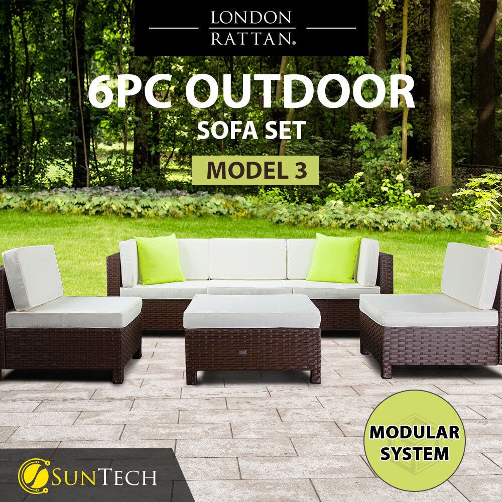 LONDON RATTAN Modular Sofa Outdoor Setting Lounge Set 6pc Wicker Black Light Grey