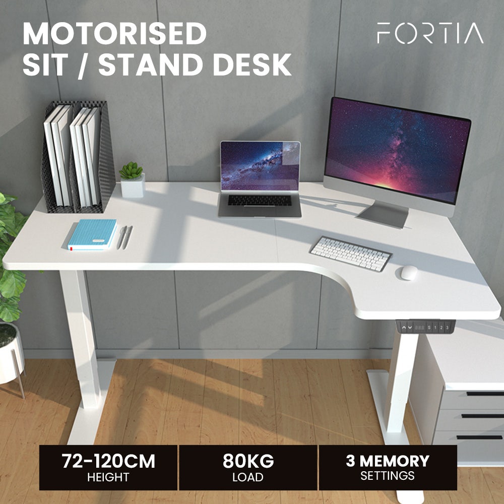 FORTIA L-Shape Standing Desk, 1450W x 600D x 850D, Dual Motor, 80kg Load, Sit to Stand Up Electric Height Adjustable, Right-Hand Sided, White/White Frame