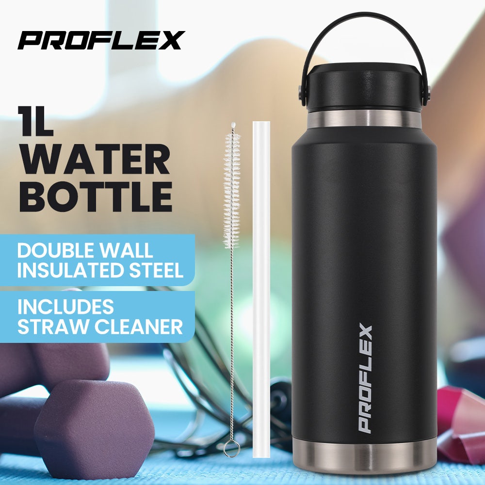 PROFLEX 1L Double Wall Insulated Stainless Steel Water Bottle, Drink Jug with Handle, Black