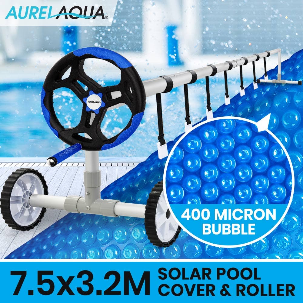 AURELAQUA Pool Cover Roller and 7.5x3.2m Solar Blanket 400 Micron, Blue