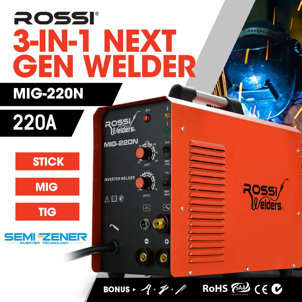 ROSSI 220 Amp MIG MMA TIG Welder, 3in1 Multi-process Portable Inverter Gas Gasless Stick Welding Machine, 15A Plug