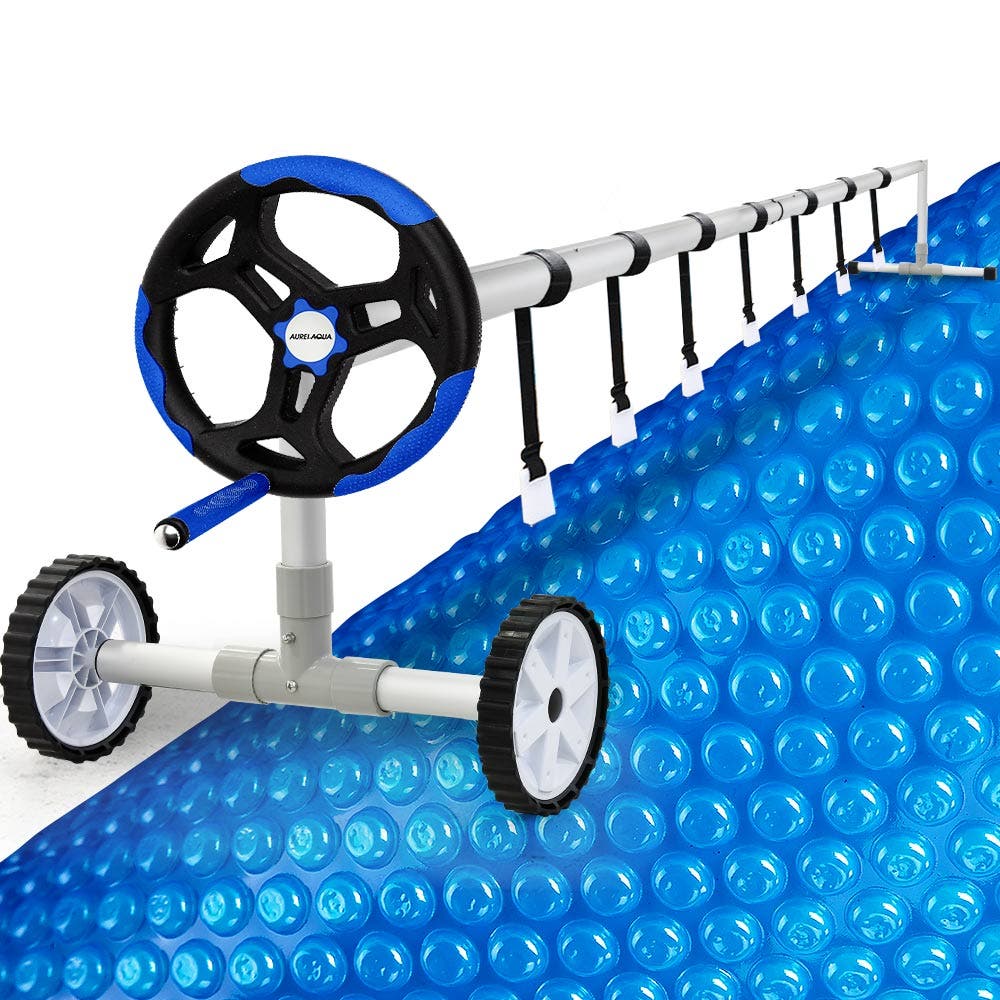 AURELAQUA Pool Cover Roller and 10x5m Solar Blanket 500 Micron, Blue/Blue