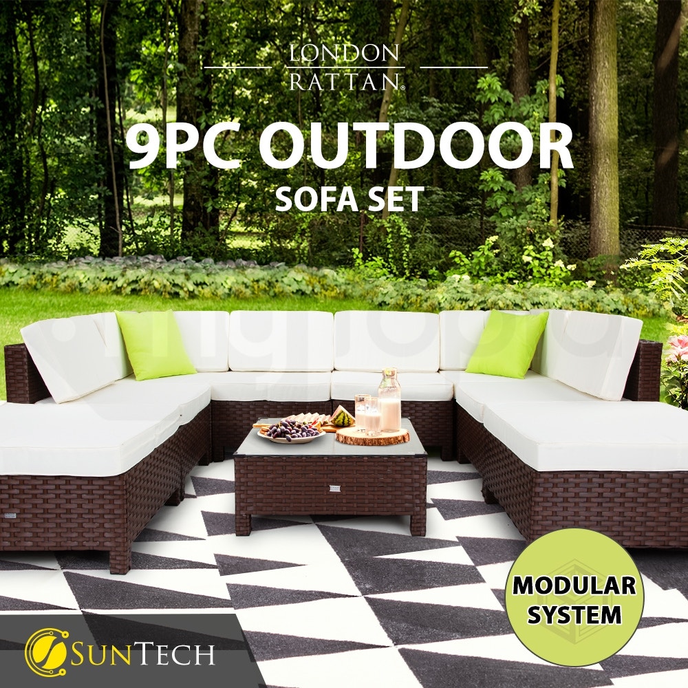 LONDON RATTAN Modular Sofa Outdoor Lounge Set 9pc Wicker Brown Beige