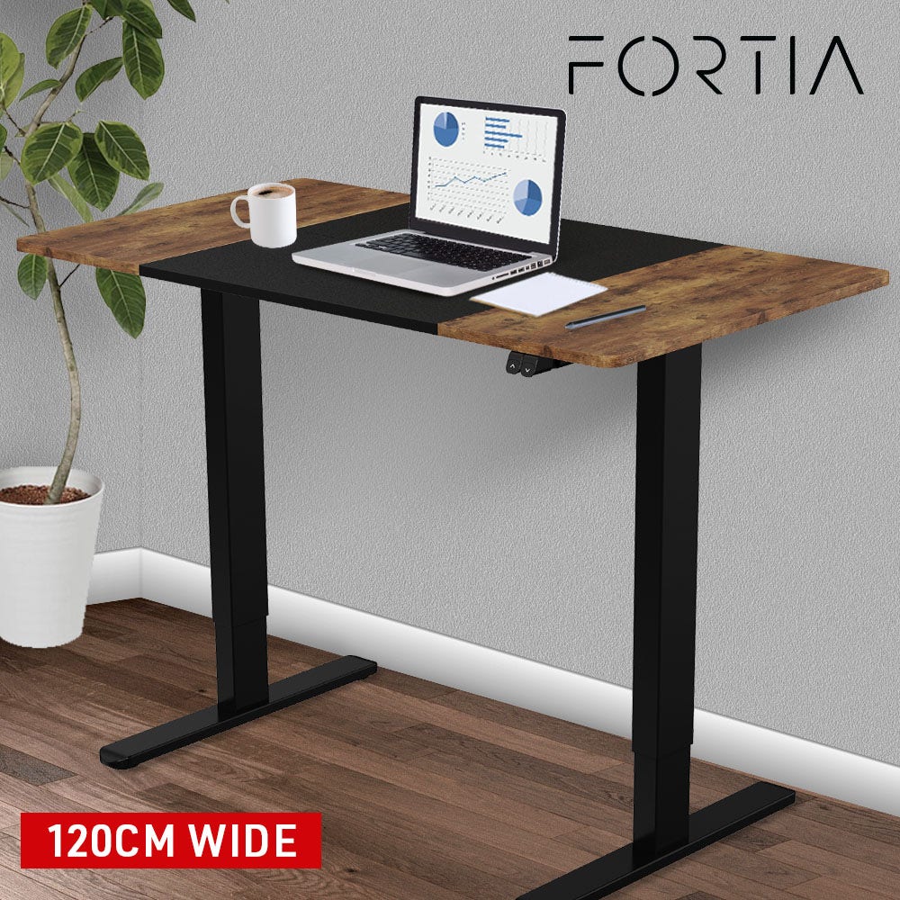 FORTIA Sit To Stand Up Standing Desk, 120x60cm, 72-118cm Electric Height Adjustable, 70kg Rated, Walnut Style/Black Frame