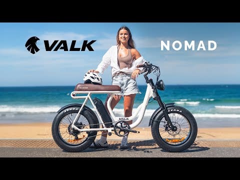 VALK Nomad Electric Fat Tyre Bike, 350W, 32km/hr, Throttle ebike, Disc Brakes, Step-Through Alloy, Shimano 7 spd, 20x4" Kenda Tyres, Suspension, White