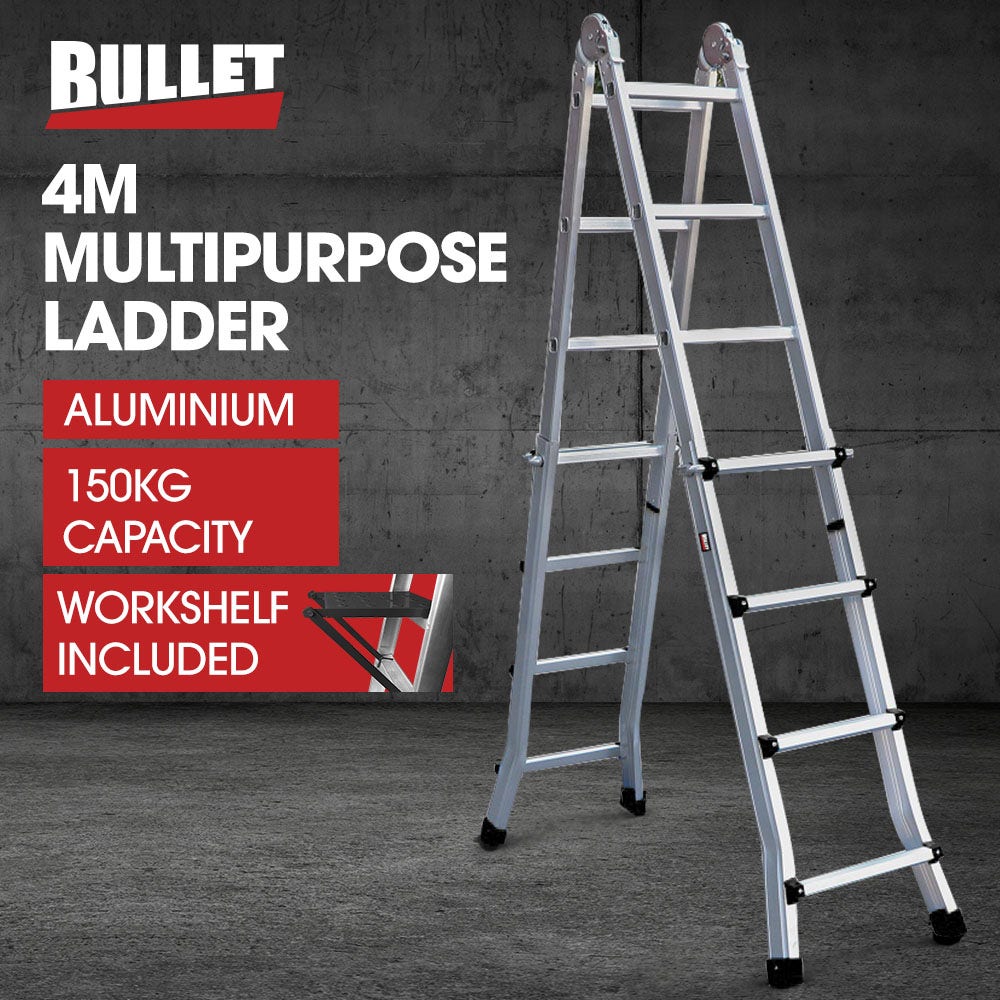 BULLET 4m Folding Aluminium Multipurpose Ladder, w/ Workshelf Platform, Spring Assisted Rapid Safety Lock Adjusters