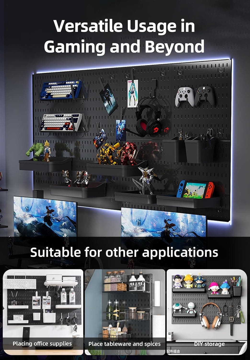 CARLA HOME 4Pc Pegboard & 18Pc Accessories Modular Hanging Wall Organiser Kit - Dark Grey