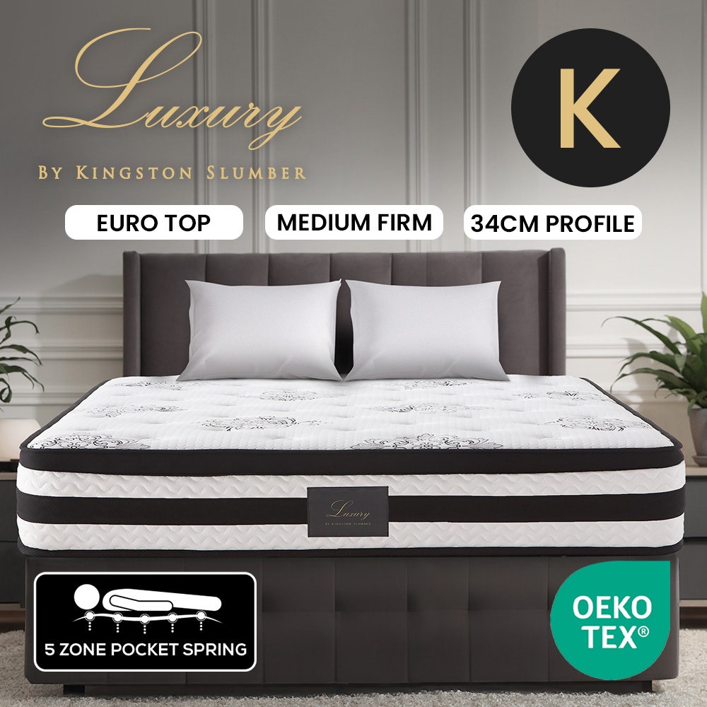 KINGSTON SLUMBER Luxury 34cm King Mattress, Medium Firm, Euro Top, 5-Zone Pocket Spring Foam