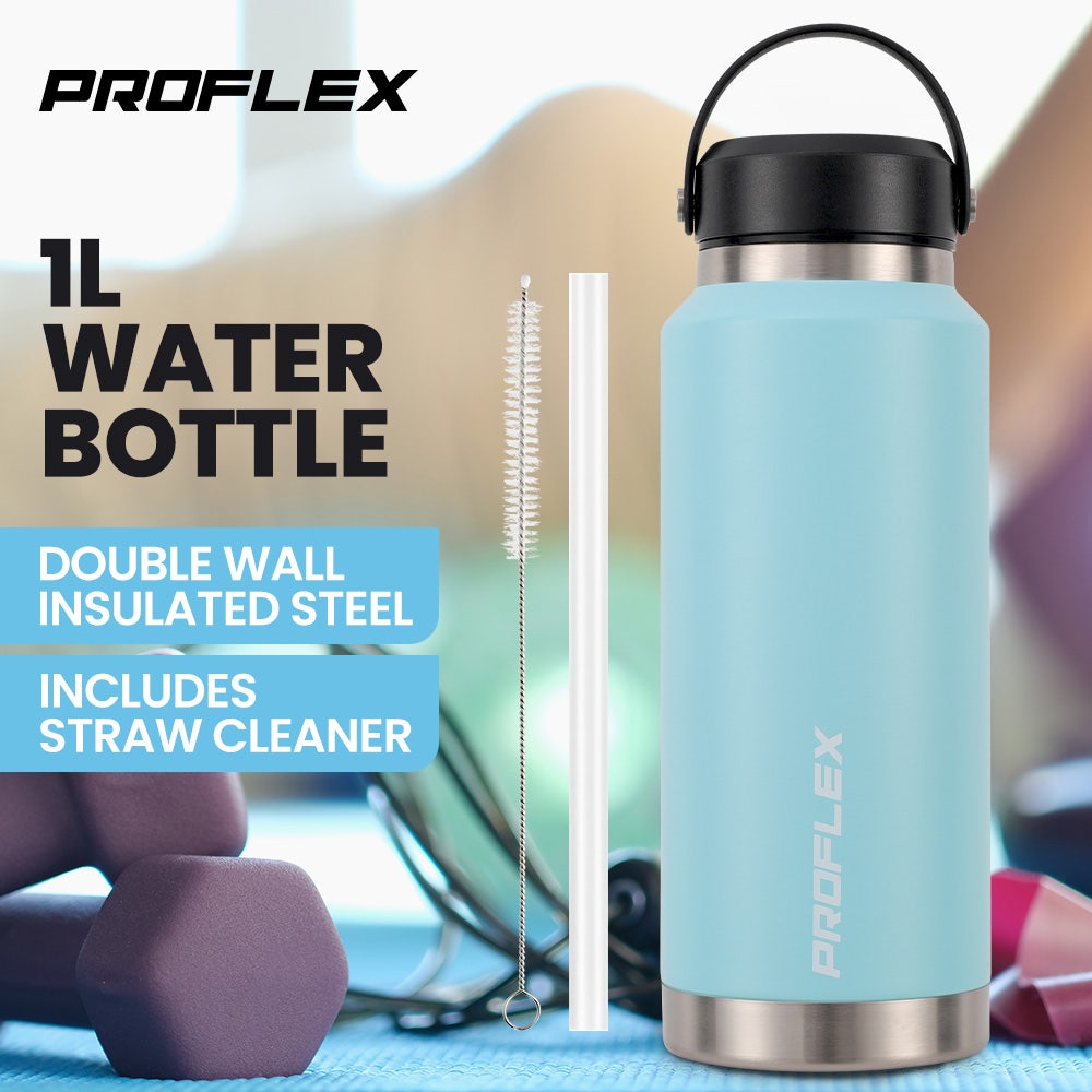 PROFLEX 1L Double Wall Insulated Stainless Steel Water Bottle, Drink Jug with Handle, Seafoam Green