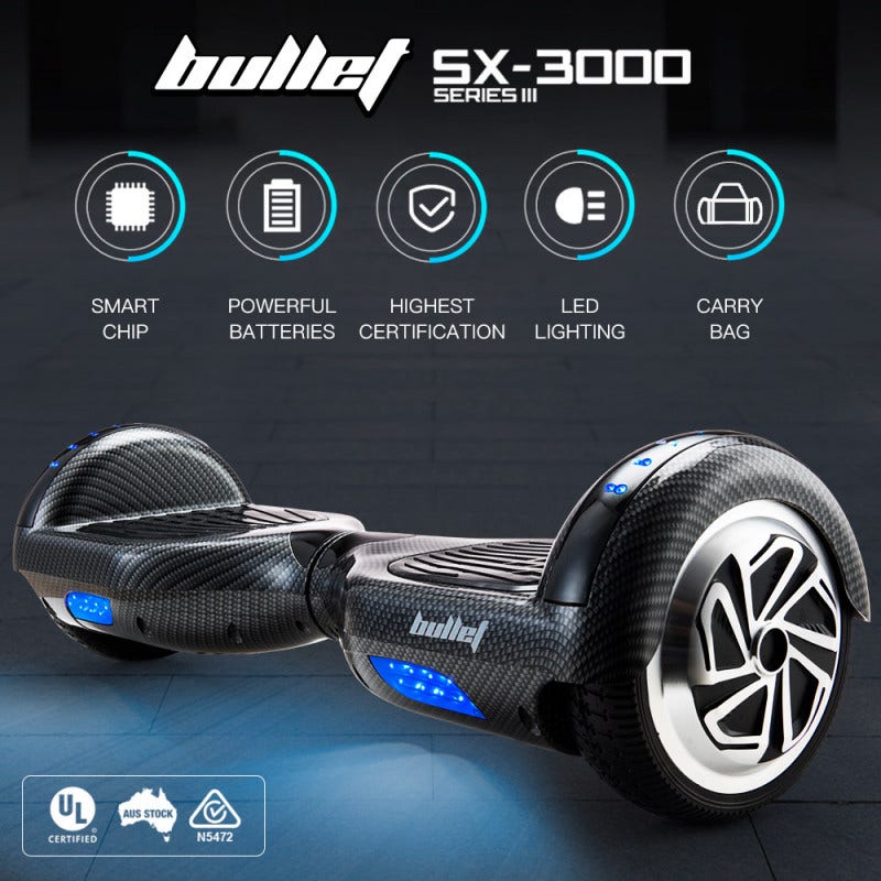 BULLET Gen III Hoverboard Scooter, Superior Self Balancing System, Dual Copper Motors, UL Certified, 6.5" Wheels, LED Lights, Carry Bag, Carbon Fiber style
