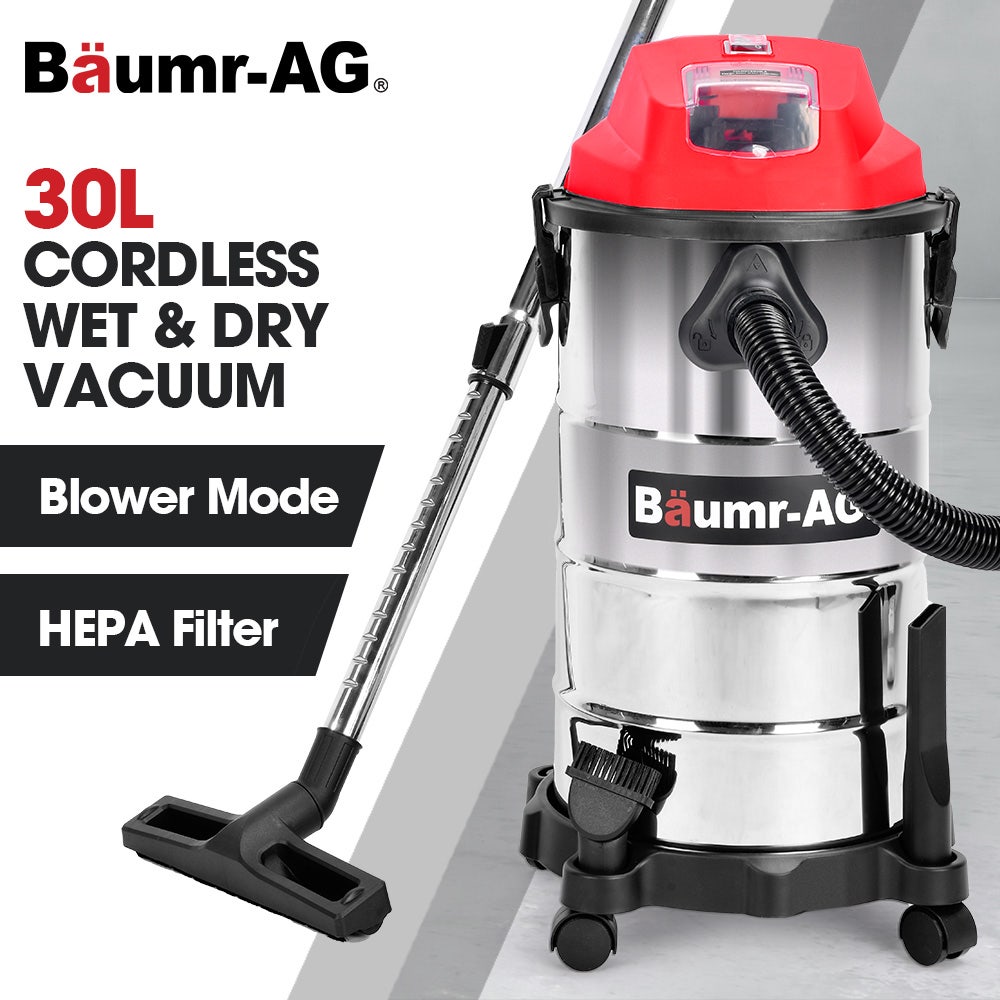 BAUMR-AG 30L Cordless Wet & Dry Vacuum Cleaner Kit, with 4Ah battery and Charger, Blower, HEPA Filter, Accessories, Stainless Steel, for Car, Home, Garage