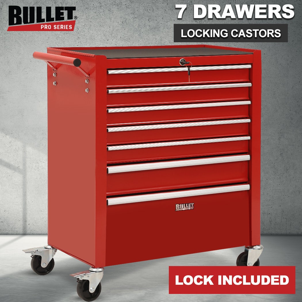 BULLET Pro 7 Drawer Tool Box Cabinet Trolley Storage, Toolbox Garage Organiser Set, Red