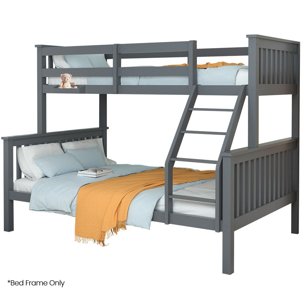 KINGSTON SLUMBER Bunk Bed Triple Wooden Single Over Double Beds for Kids, Solid Pine Wood, Convertible Design, Grey