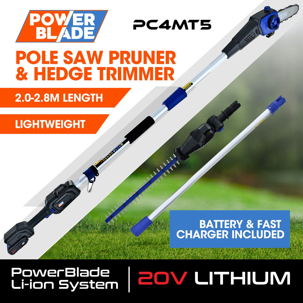 POWERBLADE 20V Cordless Pole Saw & Hedge Trimmer Combo, 8" Chainsaw Pruner & 20" Hedger, Telescopic Handle, Battery and Fast Charger Kit