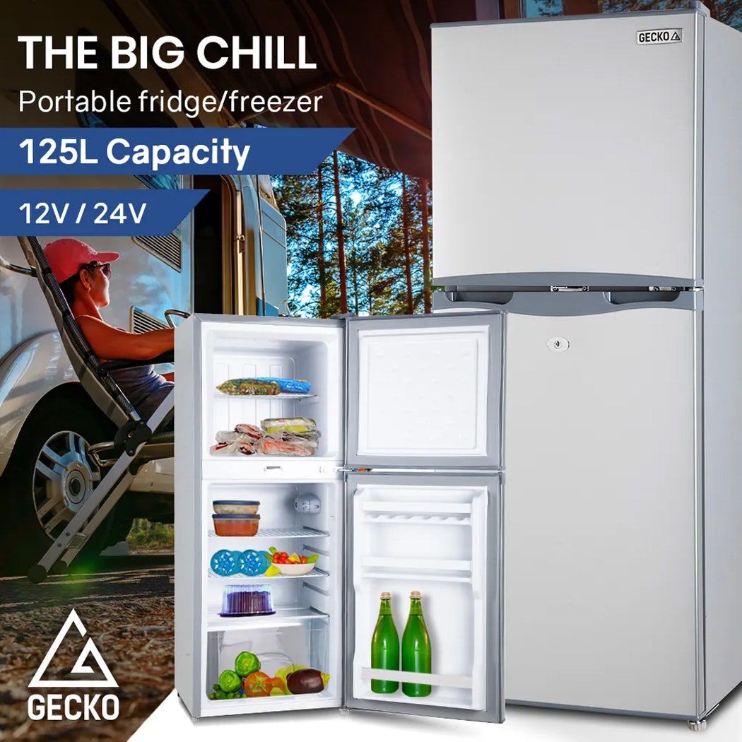 GECKO 125L Portable Upright Fridge, 12V/24V for Motorhome, Caravan, Silver