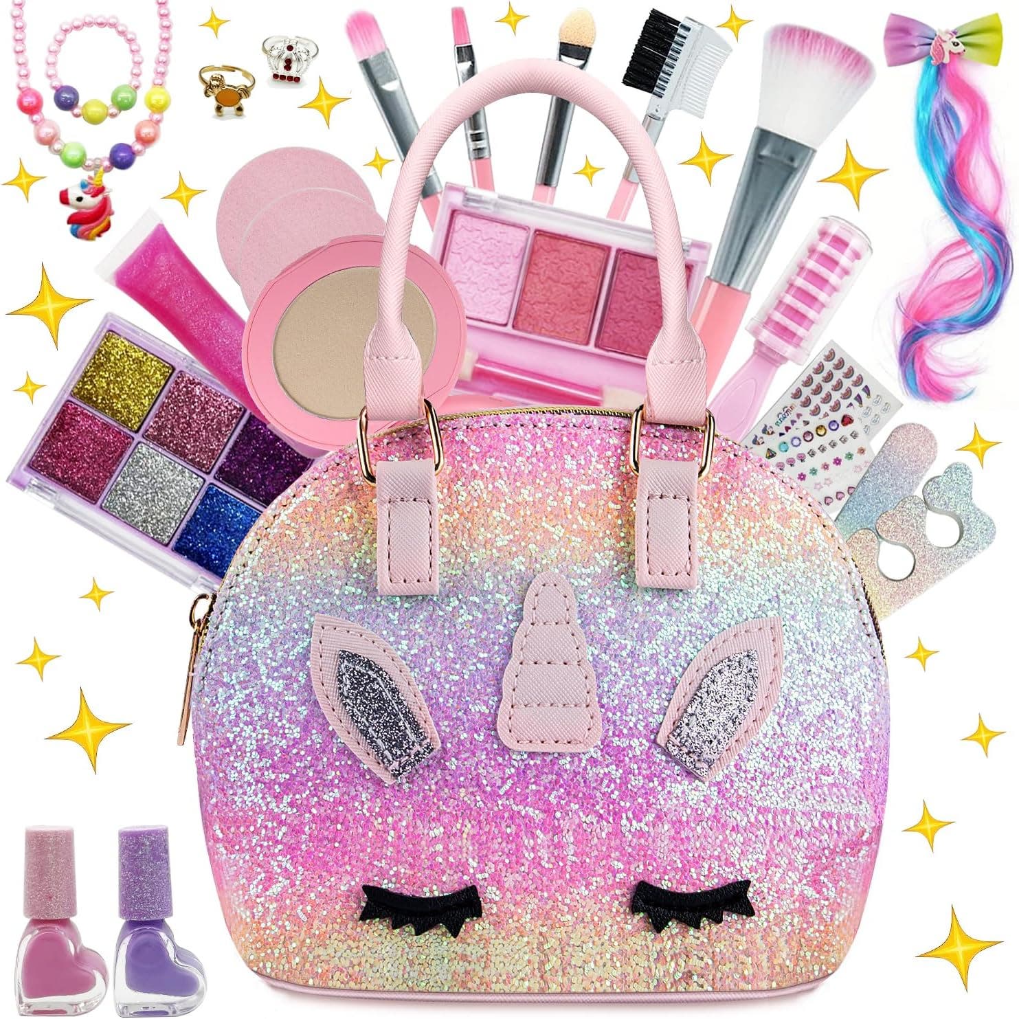 Carla Home Vikus Kids Real Washable Non-Toxic Makeup Kit with Glitter Unicorn Purse