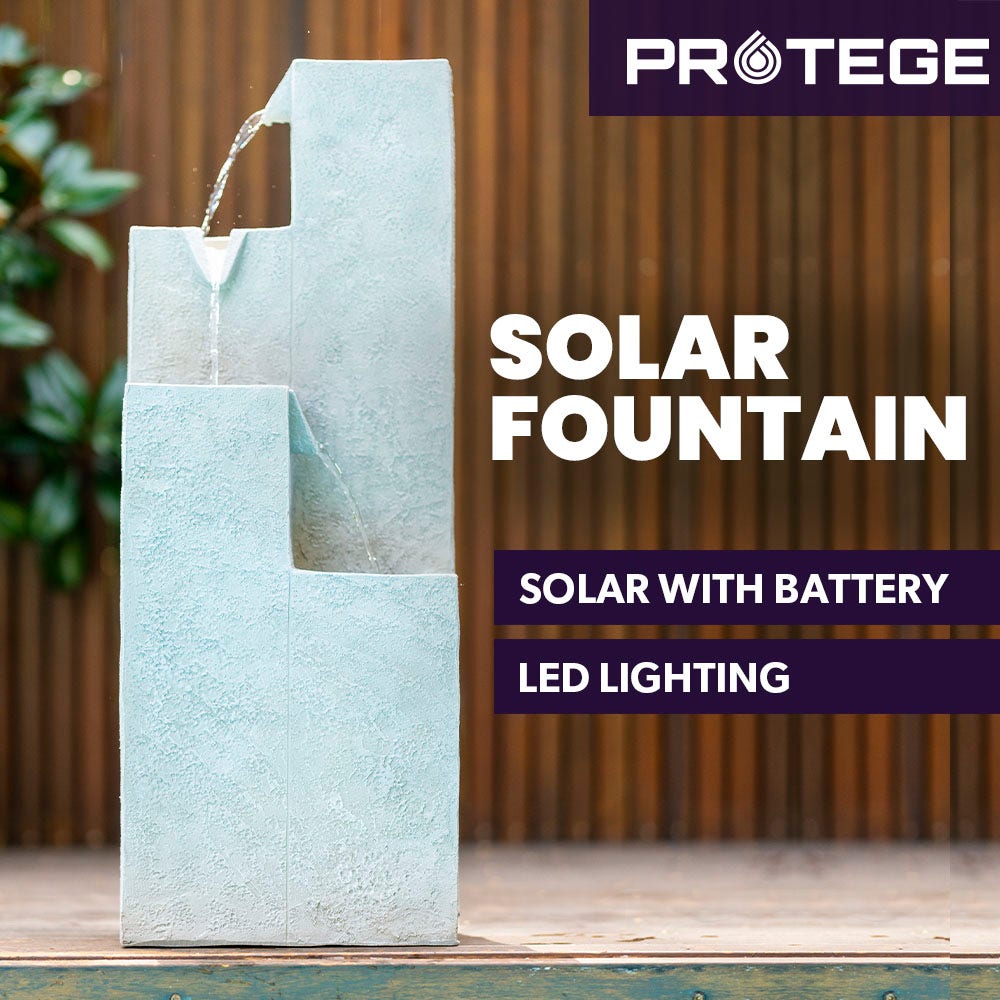 PROTEGE Contemporary Solar Water Fountain Outdoor Garden Feature, Cascading Design, with Panel Kit, LED Lights, Light Grey
