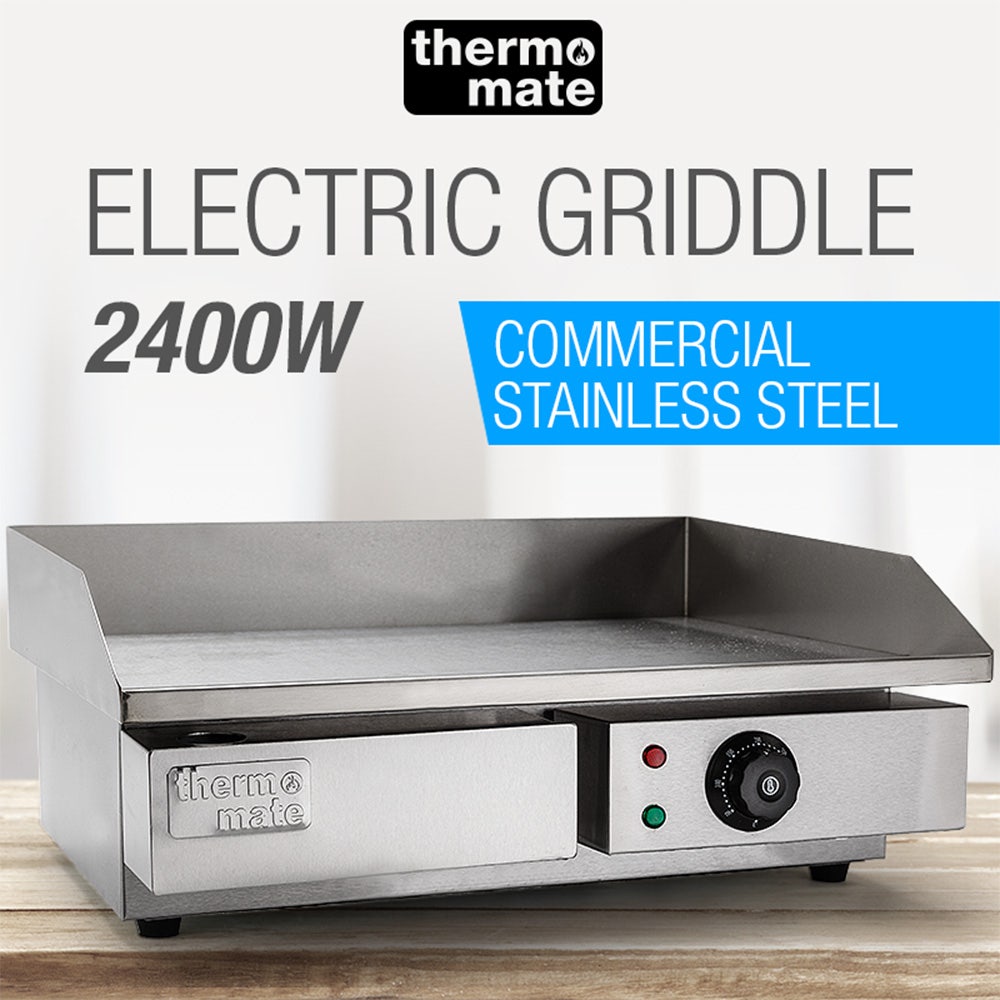 THERMOMATE Commercial Electric Griddle, 2400W Stainless Steel 55x35cm Countertop