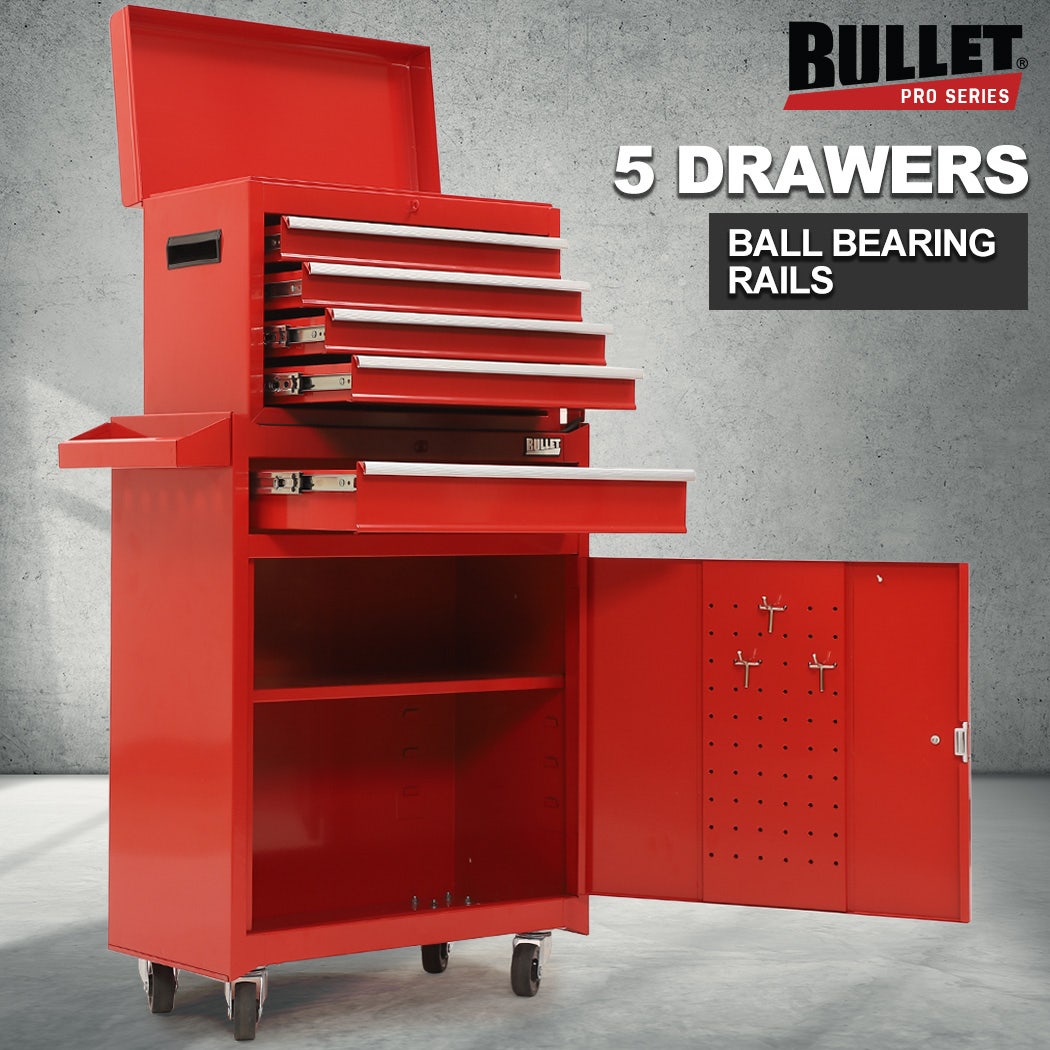 BULLET Pro 5 Drawer Tool Box Cabinet Chest Storage, with 1-Door Toolbox Garage Organiser Set, Red