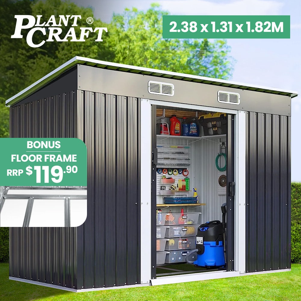 PLANTCRAFT Galvanised Steel Garden Shed 2.38 x 1.31 x 1.82m, with 2 Sliding Doors, 2 Air Vents, Skillion Roof, Floor Frame