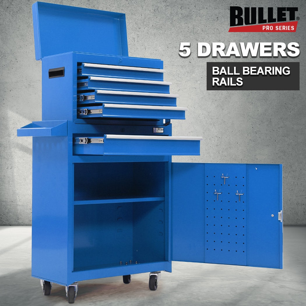 BULLET Pro 5 Drawer Tool Box Cabinet Chest Storage, with 1-Door Toolbox Garage Organiser Set, Blue