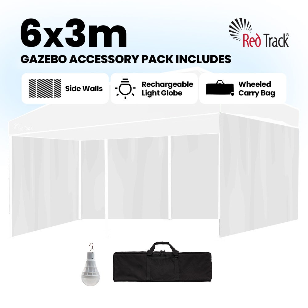 RED TRACK Accessory Pack for 6x3m White Gazebo, includes Walls, Wheeled Carry Bag, Rechargeable USB Lamp