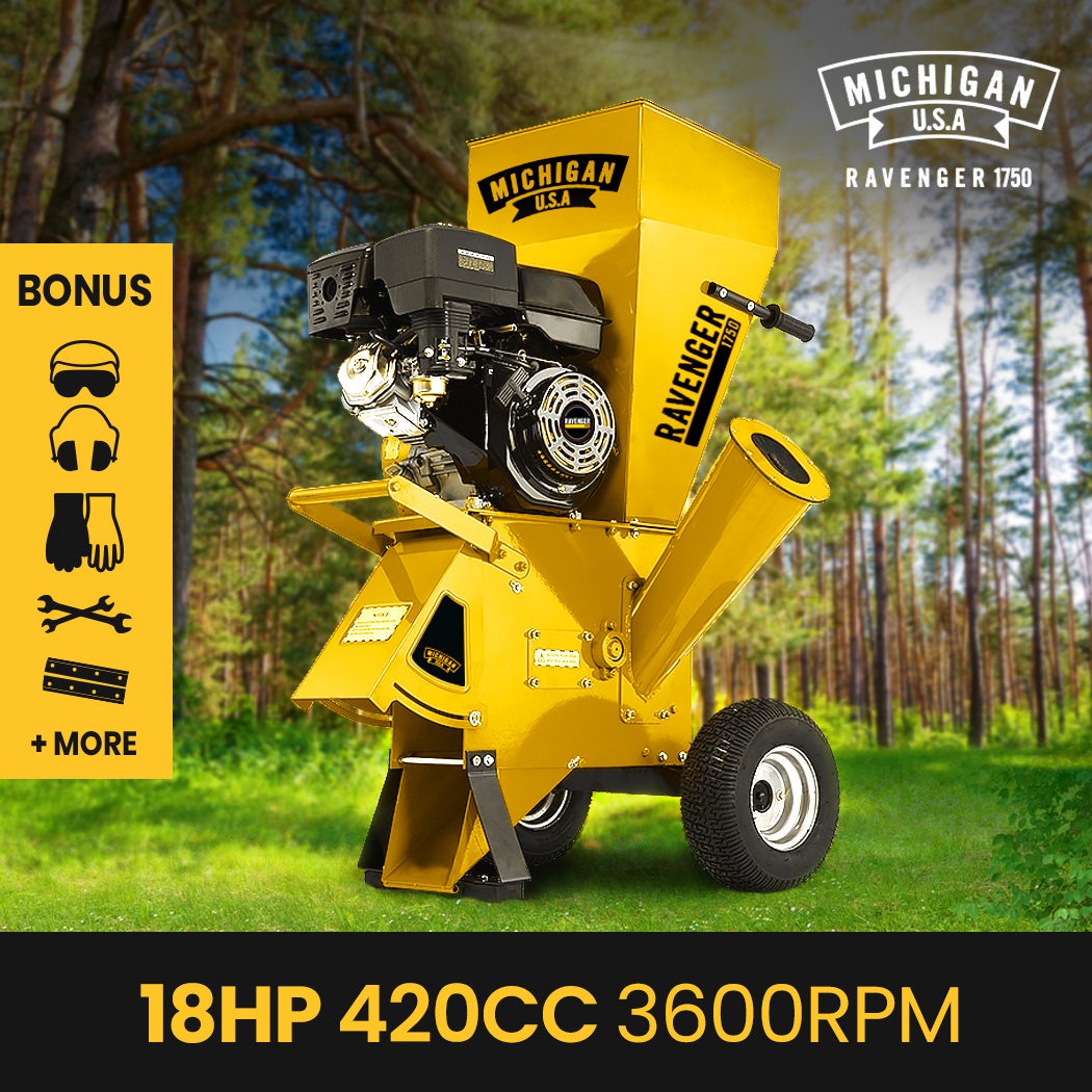 MICHIGAN 18HP 420cc Petrol Commercial Wood Chipper, Tree Mulcher - Ravenger 1750