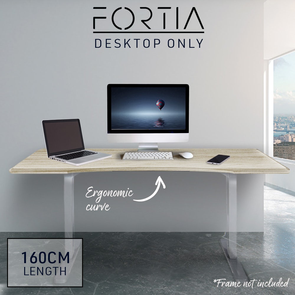 FORTIA 160x70cm Desktop, for a Height Adjustable Desk, Arched Front Design, Premium MDF, White Oak Style