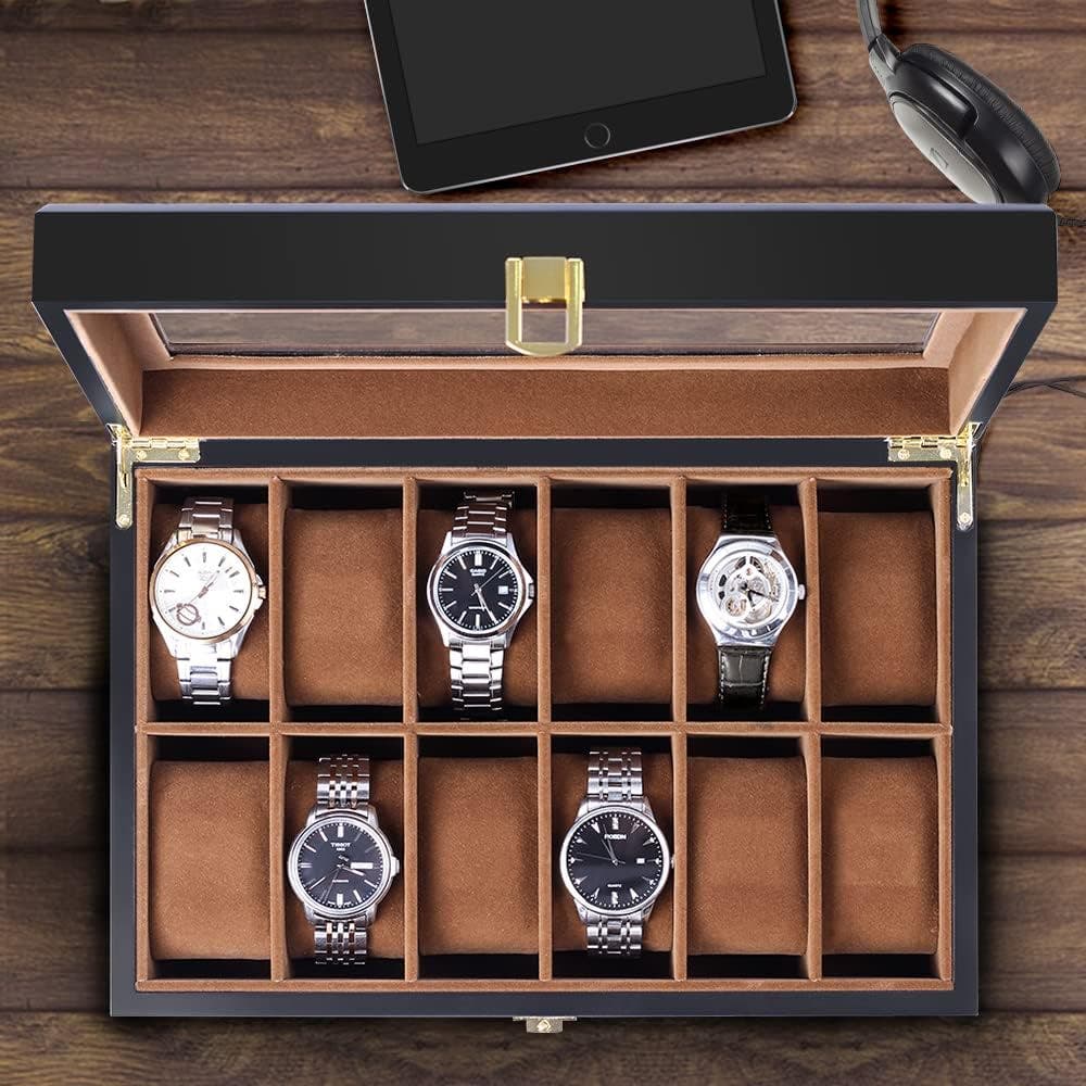 Carla Home Vikus 12-Slot Felt-Lined Mens Wooden Watch Display Box - Black