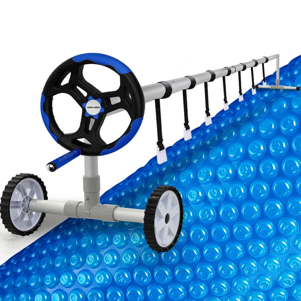 AURELAQUA Pool Cover Roller and 8.5x4.2m Solar Blanket 400 Micron, Blue