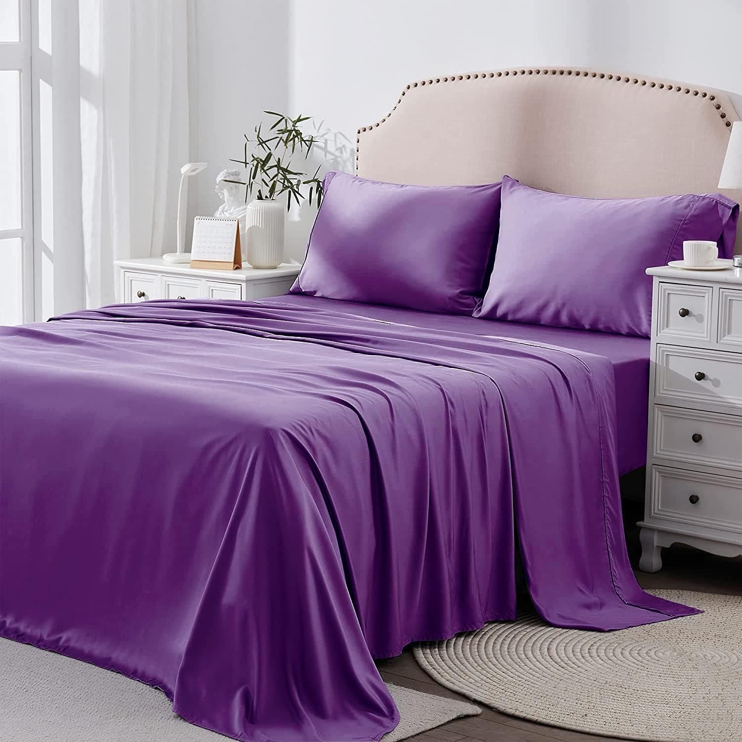 Carla Home Vikus 2000TC 4Pc Fade Stain Resistant Queen Flat Fitted Sheet Set - Purple