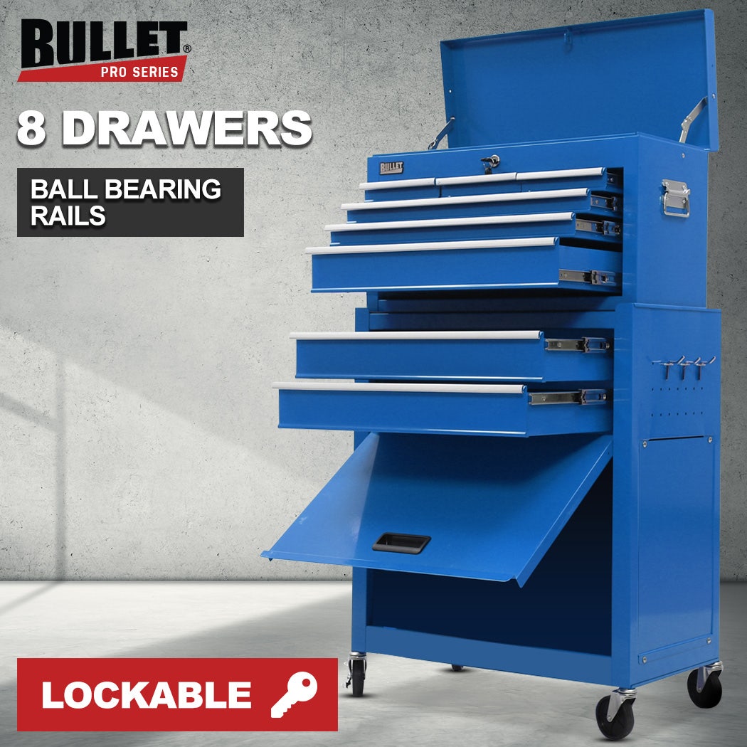 BULLET 8 Drawer Tool Box Cabinet Chest Storage, Toolbox Garage Organiser Set, Blue