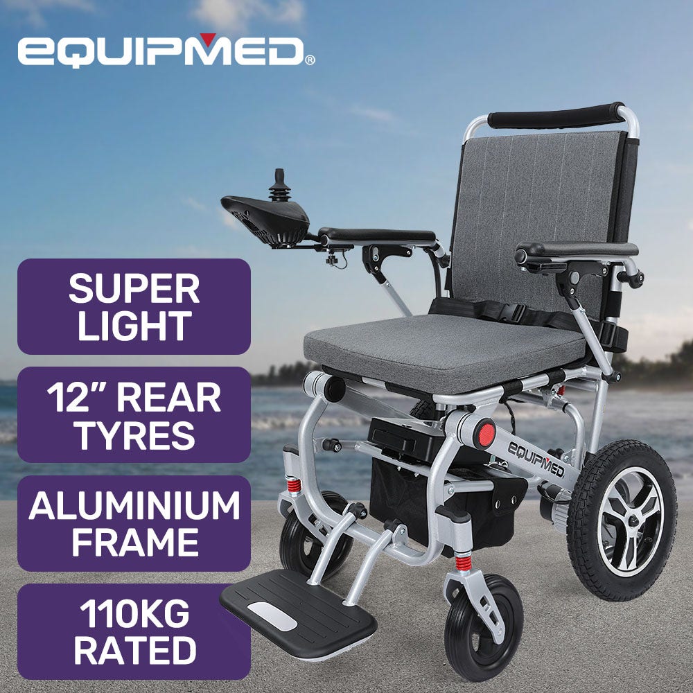 EQUIPMED Ultra-Light Power Wheelchair, Tight Turning, Airline Approved, Folding, ARTG Certified, Aluminium Frame, Lithium Battery, Grey