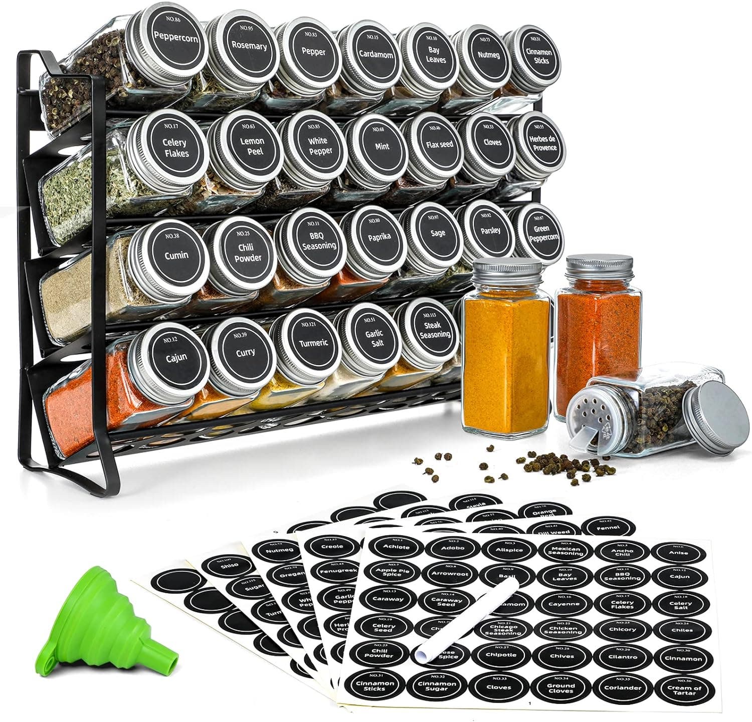 CARLA HOME 4-Tier 28 Jar Label Funnel & Market Spice Rack Organiser Kit